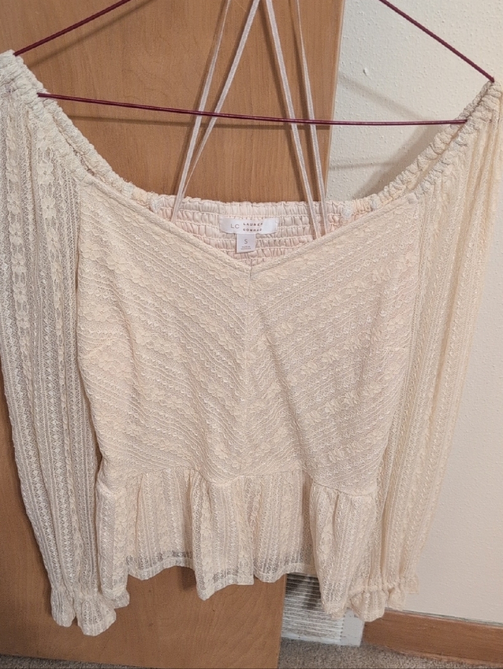 LC Lauren Conrad Cream Lace Off-Shoulder Peplum Blouse